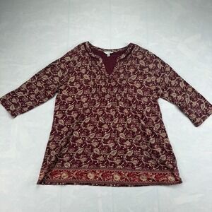Lucky Brand Blouse Top Womens 1X Red Beige Floral Pintuck Detail Split V-Neck